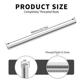 Skweawert M4 x 0.7mm x 400mm Fully Threaded Rod 304 Stainless Steel Long All Threaded Screw Bar Studs Right Hand Threads for Anchor Bolts Clamps Hangers (Pack of 2)
