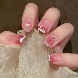 French False Nails - Medium Long Square Press on Nails with Nail Glue - Full Cover Reusable False Nails Stick on Nails White Nail Tips for Women Girls Nails Art (Nude Pink White, 24PCS)