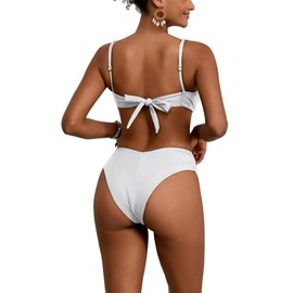 geluboao Bikini Sets for Women Solid Padded V Neck Push Up Bikini Tops Cheeky High Waisted High Cut White Bikini Bottoms L