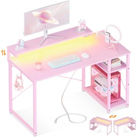 MOTPK MOTPK Pink Gaming Desk with Led Lights & Power Outlet, 40 Inch Small Gaming Computer Desk with Shelves, Reversible Gamer Desk with Adjustable Monitor Stand & Headphone Hook, Carbon Fiber Texture