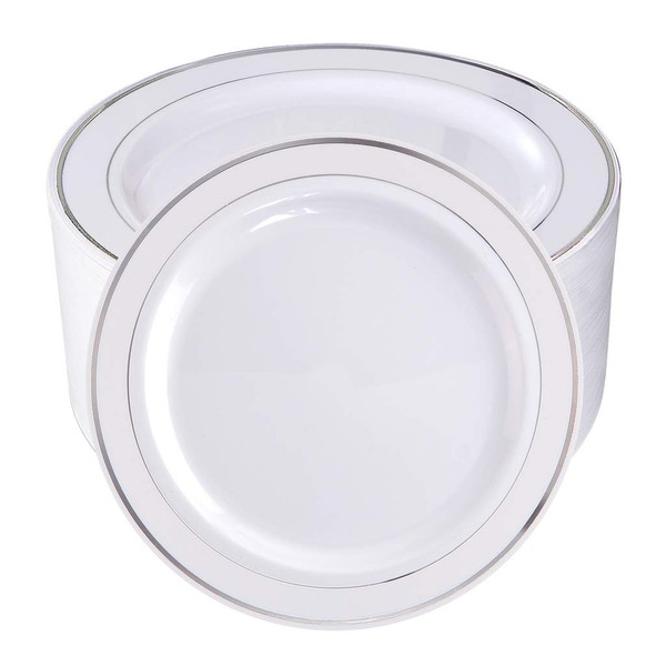 bUCLA 100Pieces Silver Rim Plastic Plates-7.5inch Silver Disposable Salad/Dessert Plates-Ideal for Weddings& Parties