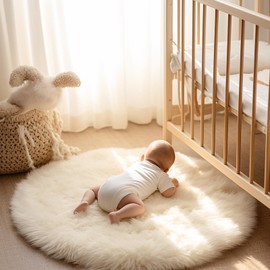 Ashler Faux Fur Rug - Fluffy Shaggy Area Rug, Ultra Soft 3 x 3 Feet Round, White Fuzzy Machine Washable Shag, Nursery Decor Throw for Bedroom, Kids Room, Living Room