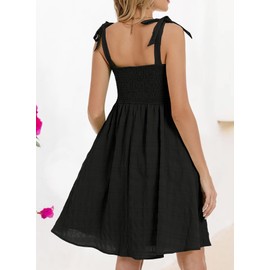 Smocked Dress Women Summer 2025 Vacation Trendy Ladies Black Feminine Flowy Shoulder Tie Sleeveless Fit and Flare Curvy Apple Shaped Bump Friendly Aline Beachy Short Flattering Dresses