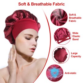 Pack of 3 Silk Bonnet for Sleeping, Satin Hair Cap for Night Sleep Cap, Silk Bonnet Sleep Cap, Breathable, Adjustable Silk Hood for Women and Girls (Red, Black, Grey)