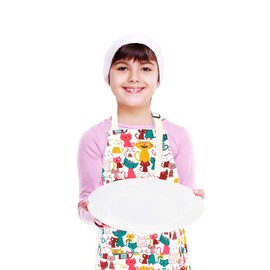 CRJHNS Kids Apron and Chef Hat Set, Adjustable Cotton Child Aprons with Large Pocket Cute Girls Boys Kitchen Bib Aprons for Cooking Baking Painting
