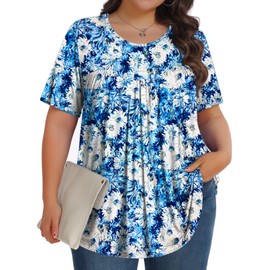 Womens Plus Size Tops Tunic Short Sleeve Crew Neck Shirts Casual Soft Blouse White Chrysanthemum 3X