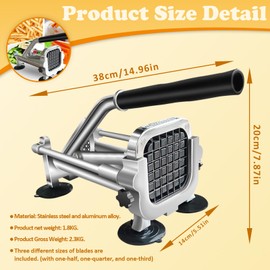 French Fry Cutter, Stainless Steel Commercial Vegetable Chopper, 1/2 Inch, 3/8 Inch and 1/4 Inch Blades Potato Cutter, Easy Clean Manual Chopper for Carrot, Yam, Cucumbers