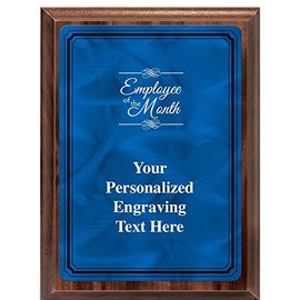 Crown Awards 6"X8" Blue Metal Plate Employee of The Month Plaque, Customized Employee of The Month Wood Plaque Award with Your Text Blue Plate