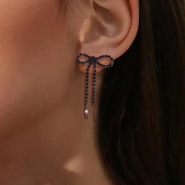 Silver Bow Earrings for Women Trendy Silver Rhinestone Earrings Dangling Silver Sparkly Dangle Bow Earrings for Women Wedding Earrings for Brides Bow Jewelry (Black)