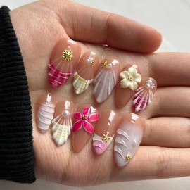 Uñas postizas de almendra medianas hechas a mano, diseño artístico, uñas postizas acrílicas gruesas y de gel multicapa