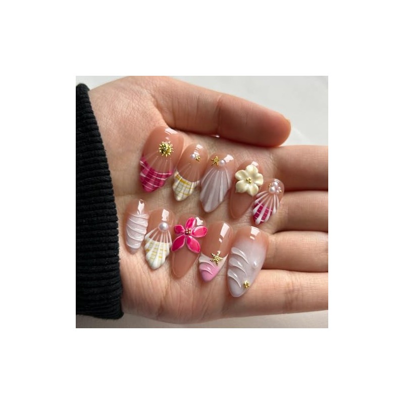Uñas postizas de almendra medianas hechas a mano, diseño artístico,