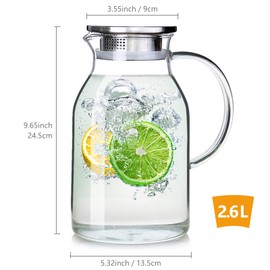 88OZ Glass Pitcher with Lid and Spout，High Heat Resistance Pitcher Water Jug for Hot/Cold Water & Iced Tea Wine Coffee Milk and Juice Beverage Carafe (88OZ2.6L)