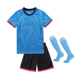 Hiheart Boys Soccer Set Football Team T-shirt and Shorts with Socks Blue 7-8