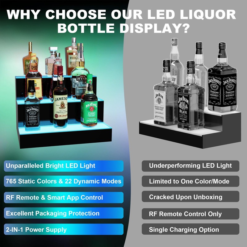 MESAlLUP 16 Inch 3 Tier Lighted Liquor Bottle Display Shelf,