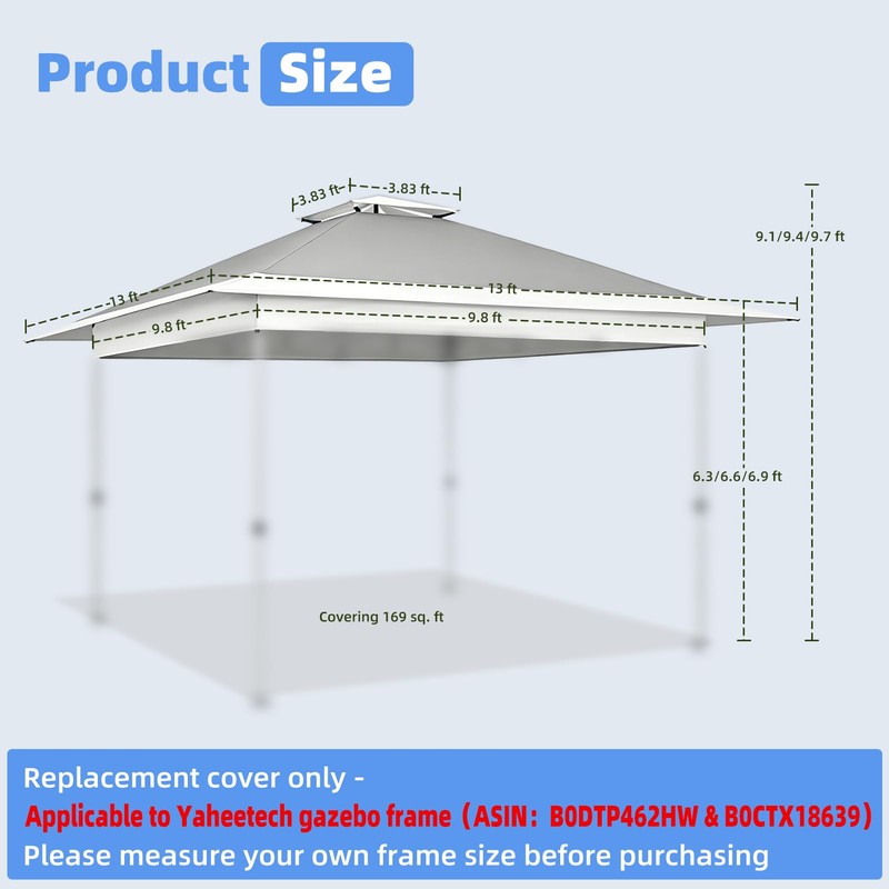 Replacement Canopy Cover for Yaheetech 13x13 Pop Up Gazebo Tent