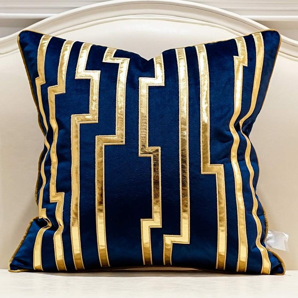 Avigers 18 x 18 Inches Navy Blue Gold Leather Striped