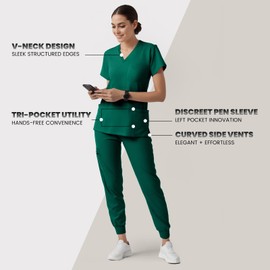 Eipnare Scrub Tops for Women - V-Neck Top Scrubs with 4 Pockets, Soft Fabric Women’s Medical Scrub Top, Easy Care Hunter Green