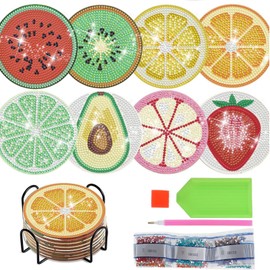 8 Pcs DIY Diamond Art Coasters with Holder, Colourful Fruit Pattern Cup Mats, Round Mosaic Craft Set for Adults and Kids