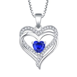 YL Women's Heart Necklace 925 Sterling Silver Pendant 12 Birthstone Cubic Zirconia Double Heart Chain Jewellery Gifts for Mother Her Wife Girlfriend, Silver, Sapphire