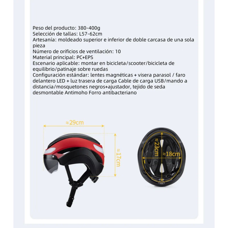 Casco De Bicicleta Con Luz Led Y Gafas Desmontables Adulto