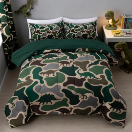 Holawakaka Boys Dinosaur Camouflage Comforter Set with Sheets, Twin Size Army Green Camo Bedding Sets for Kids Teens Dino Bed-in-a-Bag 5 Pieces for Dorm Bedroom Cabin Lodge