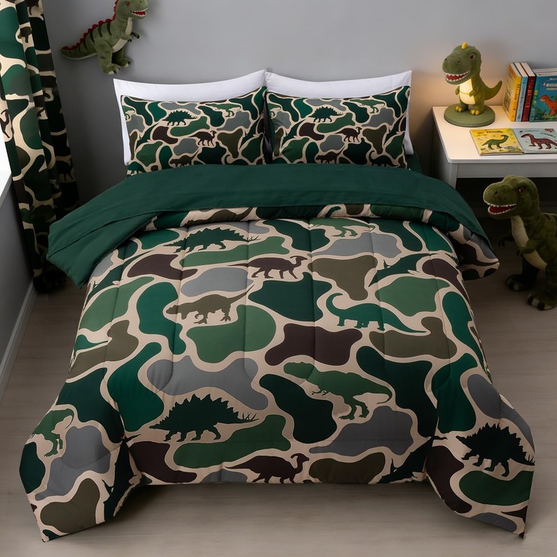 Holawakaka Boys Dinosaur Camouflage Comforter Set with Sheets, Twin Size