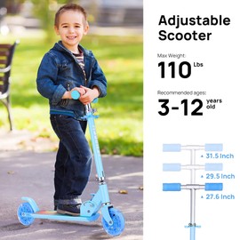 TENBOOM Scooter Toys for Kids Ages 6-12/3-5, Max Load 220 LBS, Foldable Lightweight Kick Scooter with Light Up Wheels, Kickstand, 3 Adjustable Levels, Rear Brake, Sky Blue