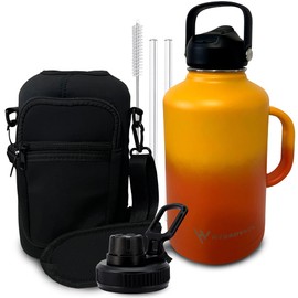 Hydrovault 64oz Water Bottle with Handle Insulated Large Stainless Steel Jug with straw & lids (Orange/Red)