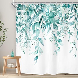 Riyidecor Teal Eucalyptus Leaves Shower Curtain for Bathroom Decor 72Wx72H Plant Botanical Botany Leaf Plant Floral Simple Spring Art Printed Fabric Polyester Waterproof 12 Pack Plastic Hooks
