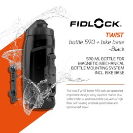 FIDLOCK Twist Bottle 590 & Bike Base Set - New Leak-Proof, Self-Sealing Bottle Cap - Bike Water Bottle Holder with No Screws & Attached Bottle - Cage Free Magnetic Rack - Black