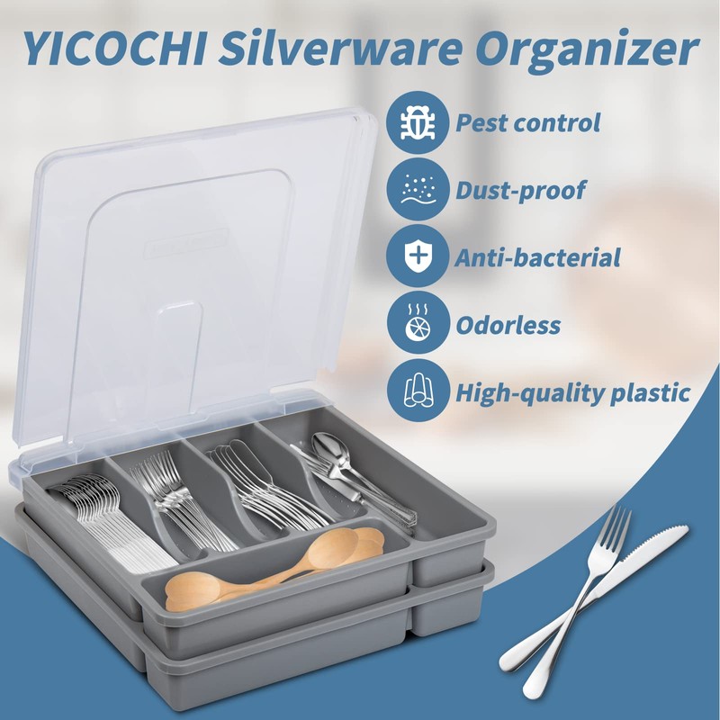 YICOCHI 2 Layer Large Silverware Tray with Lid,Stackable Utensil Organizer