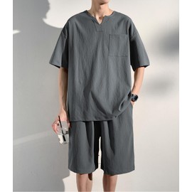 Atkata Men's Top and Bottom Set, Summer Setup, Men's, Loungewear, Jersey, Men's, Top and Bottom Set, Large Size, 2-piece Set, T-shirt, Half Pants, Solid, Casual, Room Wear, V-Neck, gray