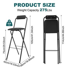 LUNUMAOS 29" Tall Folding Bar Stool with Cushioned Pad and Backrest, Portable Bar Stool, Tall Folding Chairs, 275lbs Load Capacity, for Kitchen, Living Room, Garden, Camping, Black