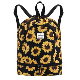 HAWEE Dry Wet Drawstring Backpack with Shoe Compartment for Women and Girls Waterproof Yoga String Bag Outdoor Sports Rucksack for Gym/Beach/Swim Pool, Sunflower A