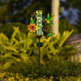 vewolight Rain Gauge Outdoor, Solar Rain Gauges for Yard, Hummingbird Freeze Proof Rain Gauge with 7" Plastic Tube, Metal Decorative Water Gauge with Led Light