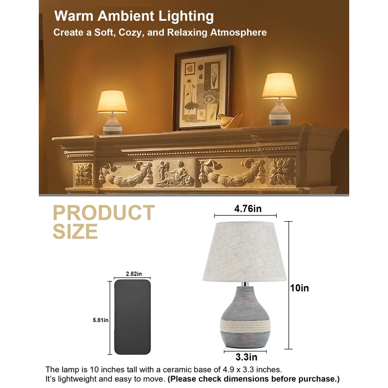UMEXUS 10” Small Ceramic Cordless Table Lamp with Timer, Dimmer,