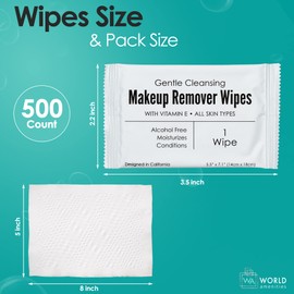 World Amenities - Bulk Makeup Remover Wipes | 500 Count| Individually Wrapped, Gentle Cleansing, Alcohol Free - All Skin Types - Vitamin E - 100% Recyclable, Hotel Travel Size Toiletries