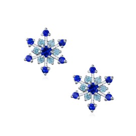 Christmas Holiday Party CZ Royal Ice Blue Aqua Cubic Zirconia Star Snowflake Stud Clip On Earrings No Piercing Silver Plated Brass