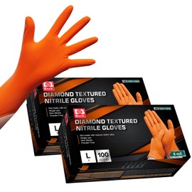 Jointown Basic Heavy Duty Nitrile Gloves Mechanic Glove Large, Orange 8 Mil Nitrile Disposable Gloves with Raised Diamond Texture, Latex Free, Powder Free Industrial Automotive Glove Box of 200