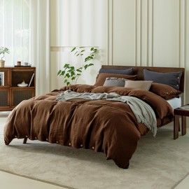 EVERLY 100% Pure Linen Duvet Cover Set King Size 104X90Inch 3pcs (1 Duvet Cover,2 Pillowcases) Soft and Breathable for All Season with Coconut Button Closure, Suitable for Hot Sleepers-Chocolate