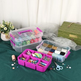 JUXYES 3-Tiers Stack Carry Storage Box With Divided Tray, Transparent Stackable Storage Bin With Handle Lid Latching Storage Container for School & Office Supplies, Purple