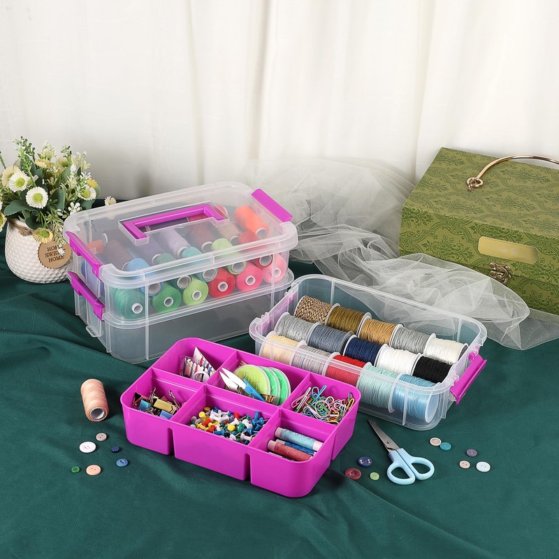 JUXYES 3-Tiers Stack Carry Storage Box With Divided Tray, Transparent