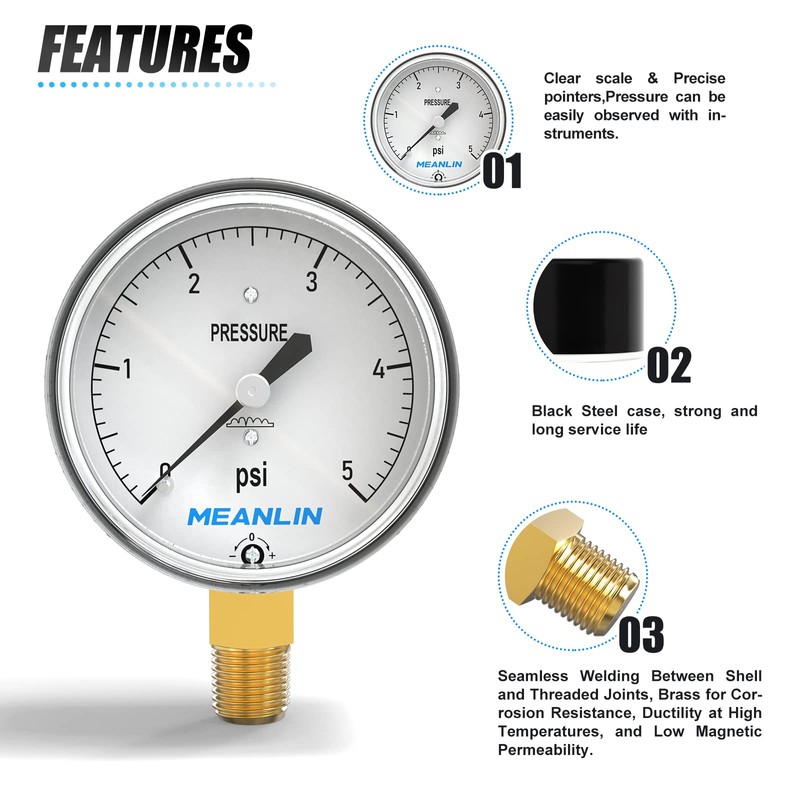 MEANLIN MEASURE 0-5psi Diaphragm Type Capsule Low Pressure Gauge 1/4"