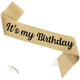 ZHBDPaty 'it's my Birthday' Birthday Girl Sash Glitter with Pearl Pin Party Favors For Girl Women (Gold Black)