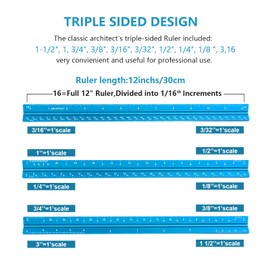 Architectural Scale Ruler, Imperial Measurements 12'', Laser-Etched Aluminum Architect Triangular Ruler for Architects, Students, Draftsman, and Engineers(Blue)