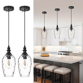 AIBISOD Glass Pendant Lights for Kitchen Island 2 Pack, E26 Modern Black Pendant Light Fixtures with Hand Blown Glass, Adjustable Farmhouse Hanging Light for Dining Room, Entryway & Over Sink Lighting