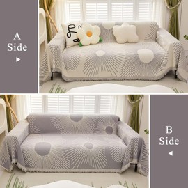 VClife Boho Sofa Covers for Sectional Sofa Chenille Couch Cover for 3 Cushion Couch Sofa, Washable Chenille Sofa Slipcover Grey Beige Flowers Living Room Furniture Sofa Protector for Dog Cat 71"X134"