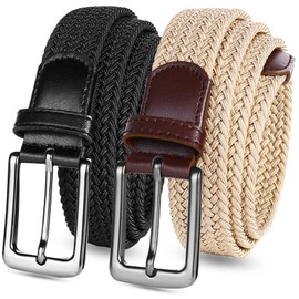 FINGER TEN Men's Stretch Belts Elastic Braided Value 2 Pack, Woven Belt for Golf Casual Pants Shirts Jeans (Black+Khaki, fit for Waist Size 42"-46")