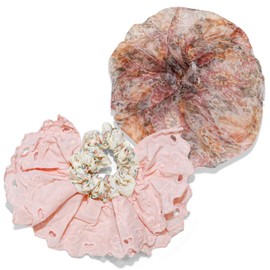 FIFU Premium Luxury Hair Scrunchies Set, 2 Pack Pink Floral Polyester Sheer & Pink Cotton Embroidered Eyelet Hair Ties, Stretchy Secure Hold for Women Girls, Style #3