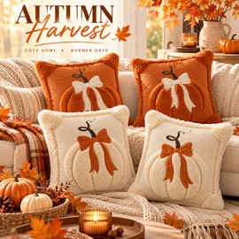 3D Plush Pumpkin Pillow Cover for Fall Decorating – Soft Fuzzy Texture with Bow Accent for Cozy Sofa & Bedroom Decor